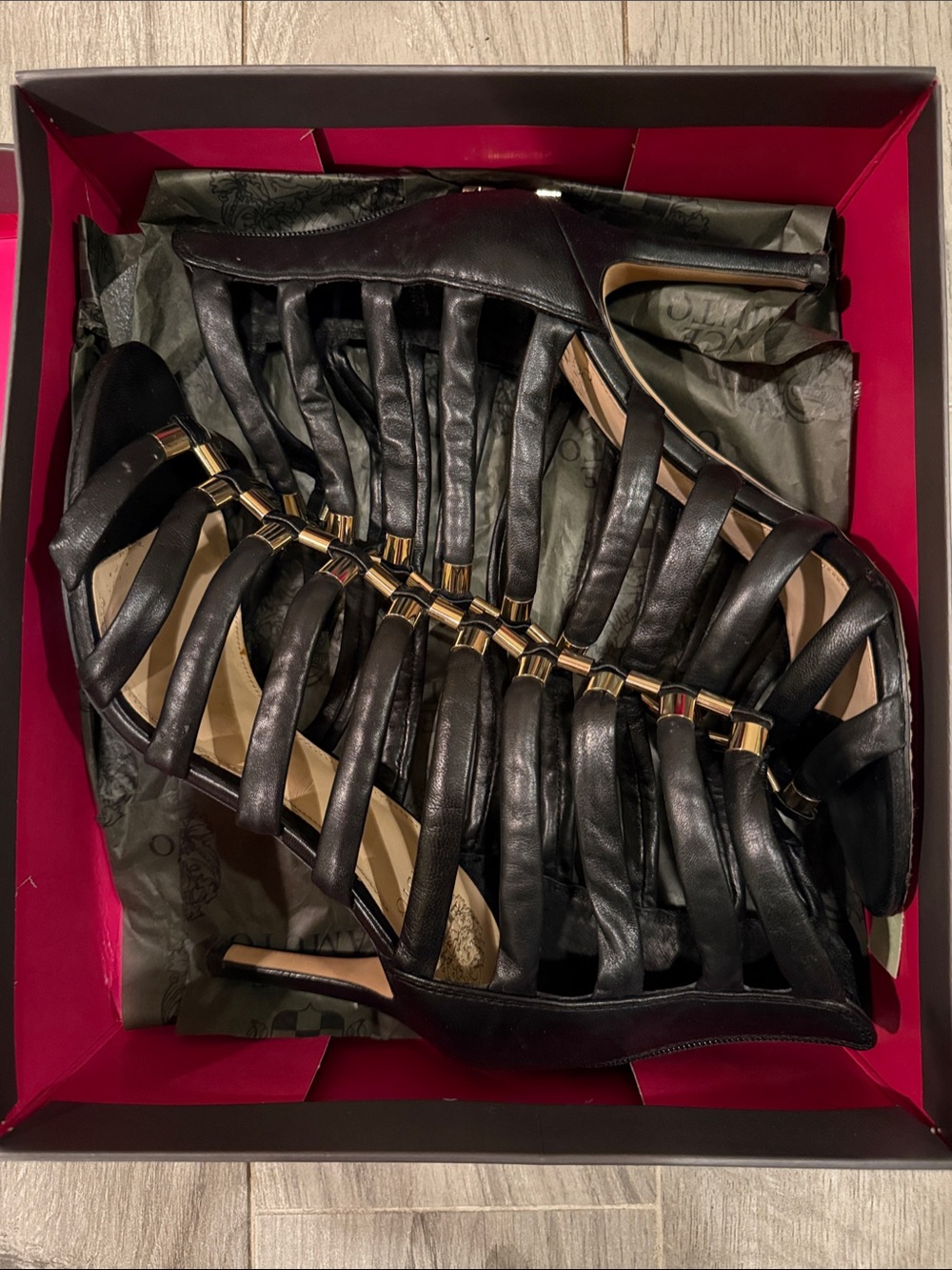 Vince Camuto Black Strappy Stiletto Sandals with Gold Accents